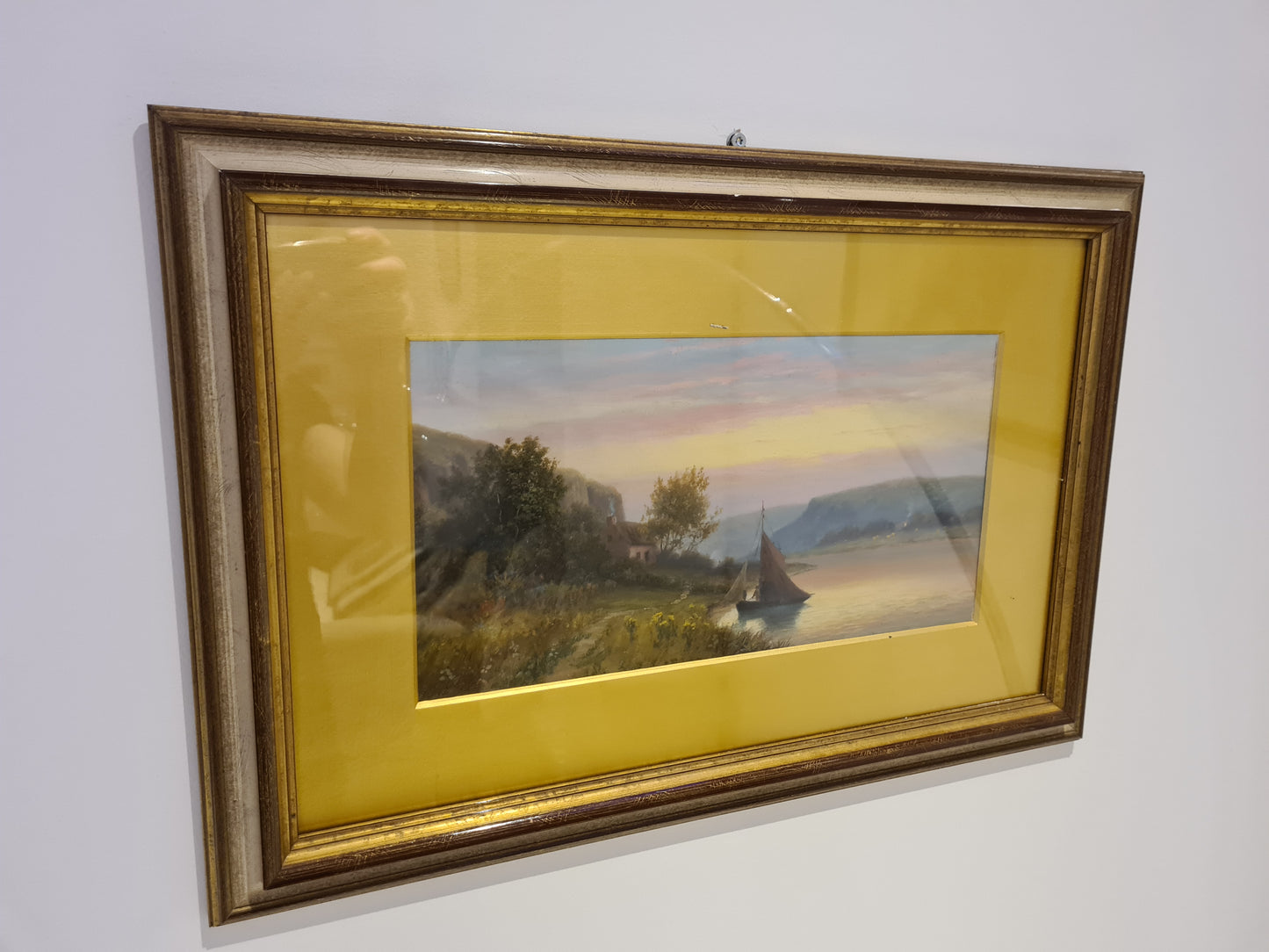 Öl Gemälde Holzrahmen Landschaftsmalerei Segelboot 58x40cm