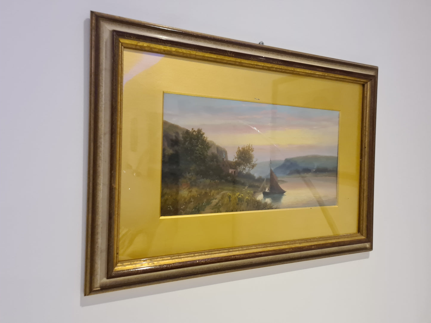 Öl Gemälde Holzrahmen Landschaftsmalerei Segelboot 58x40cm