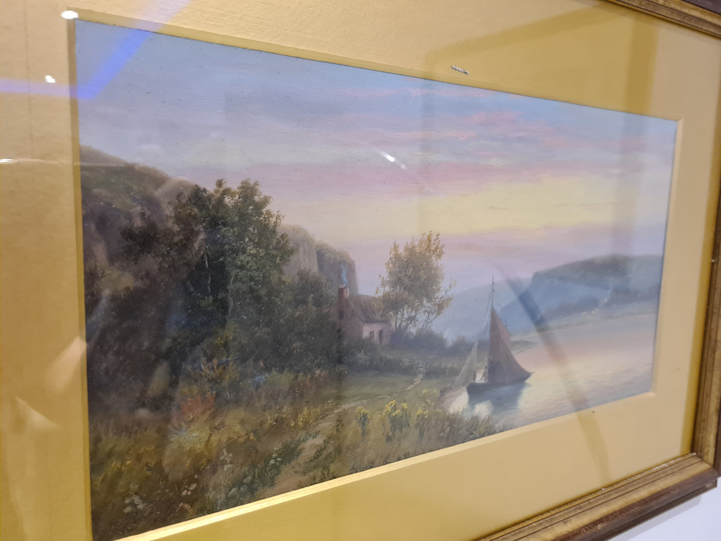 Öl Gemälde Holzrahmen Landschaftsmalerei Segelboot 58x40cm