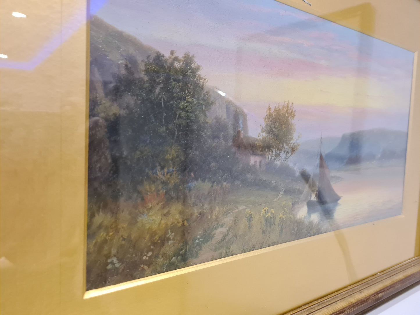 Öl Gemälde Holzrahmen Landschaftsmalerei Segelboot 58x40cm