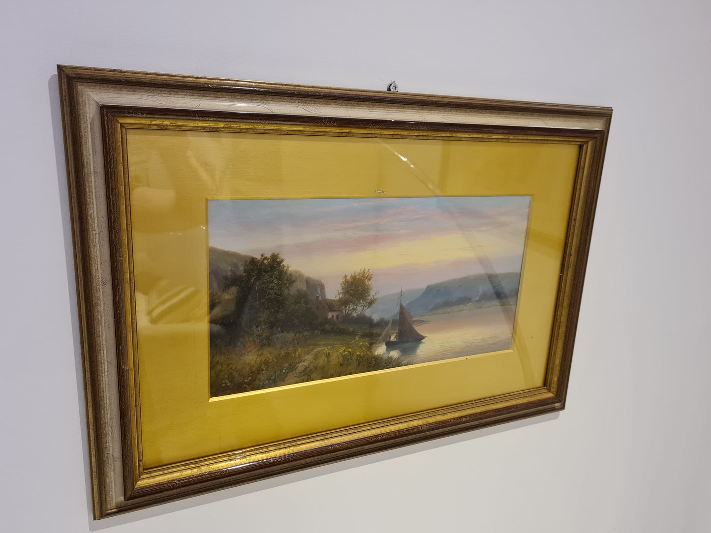 Öl Gemälde Holzrahmen Landschaftsmalerei Segelboot 58x40cm