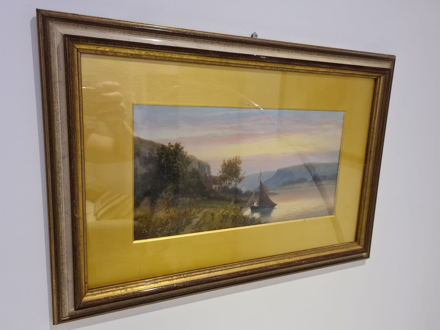 Öl Gemälde Holzrahmen Landschaftsmalerei Segelboot 58x40cm