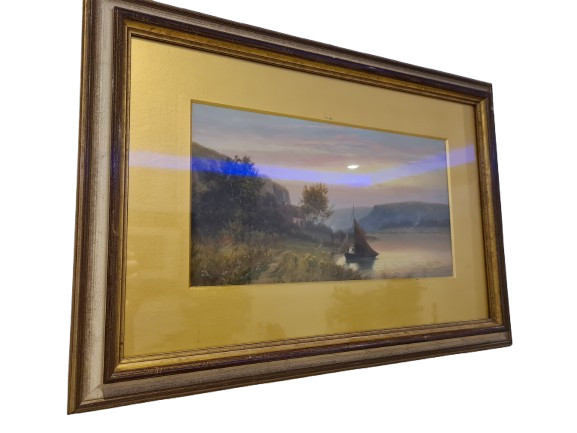 Öl Gemälde Holzrahmen Landschaftsmalerei Segelboot 58x40cm