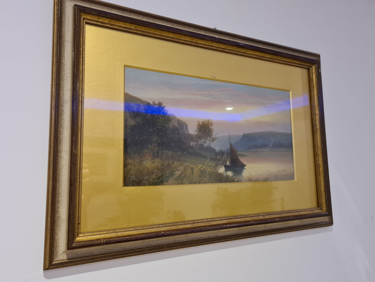 Öl Gemälde Holzrahmen Landschaftsmalerei Segelboot 58x40cm