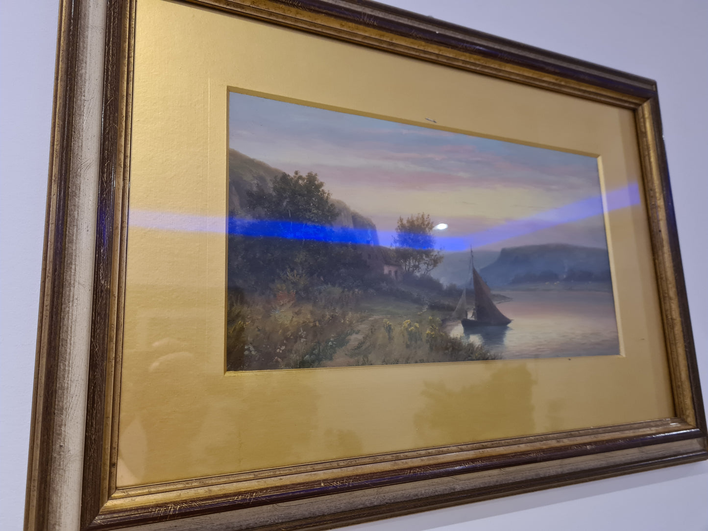 Öl Gemälde Holzrahmen Landschaftsmalerei Segelboot 58x40cm