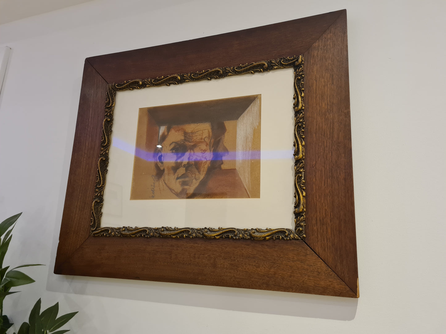 Original Zeichnung Radierung signiert Holzrahmen Porträt 72x62cm