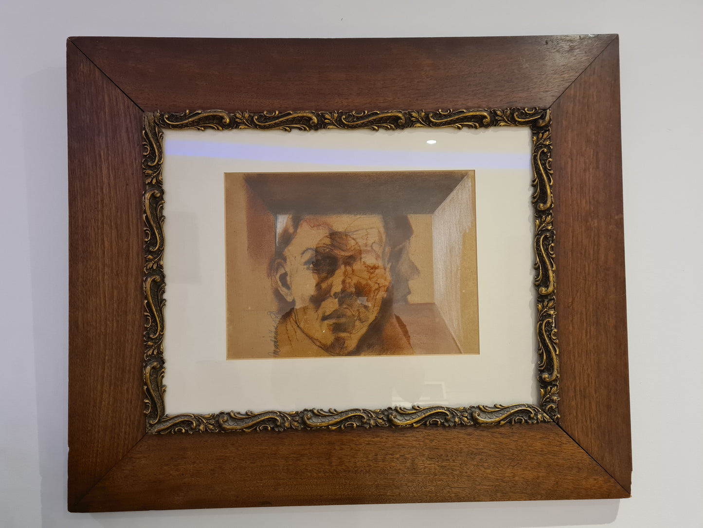 Original Zeichnung Radierung signiert Holzrahmen Porträt 72x62cm