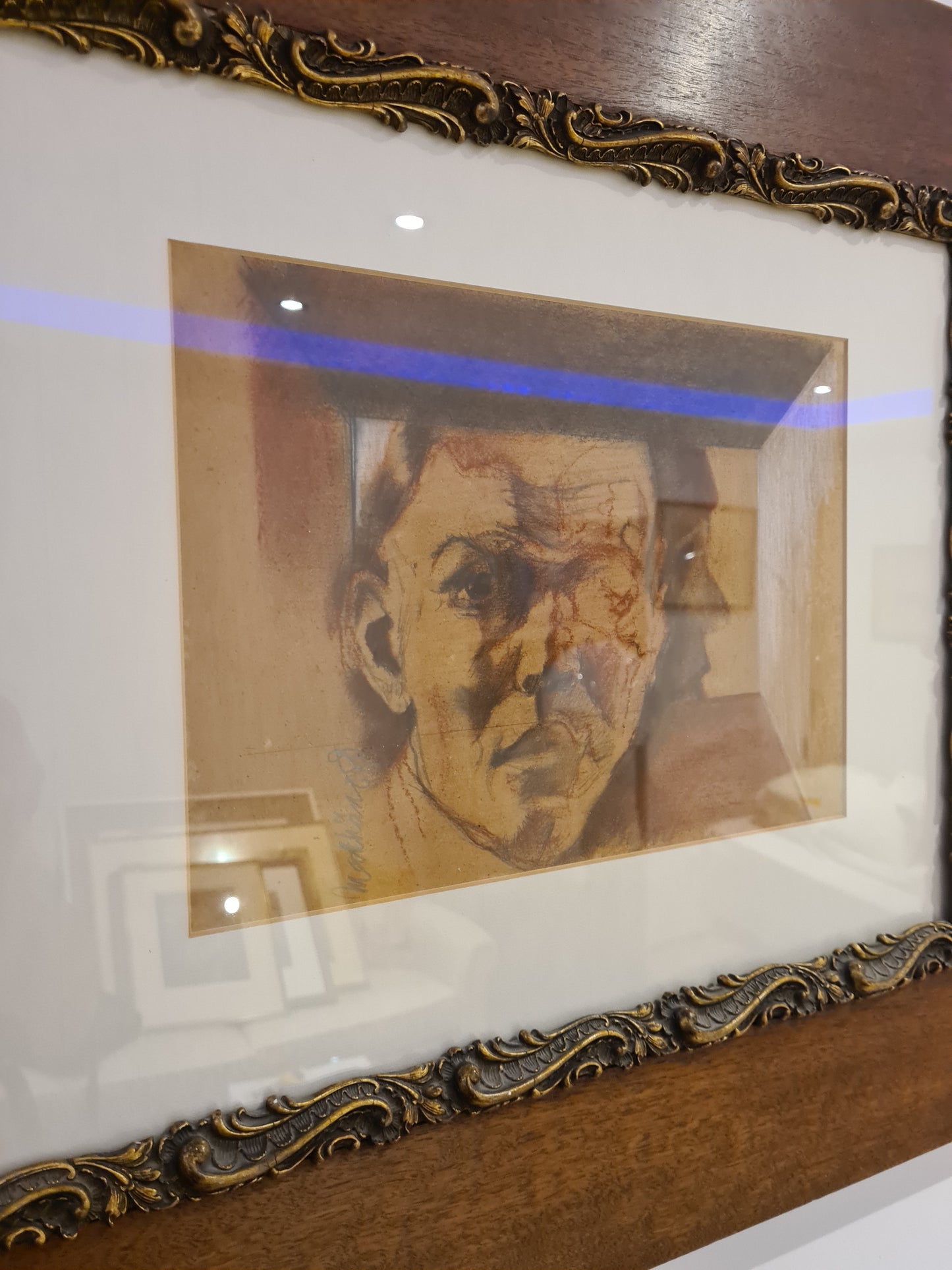 Original Zeichnung Radierung signiert Holzrahmen Porträt 72x62cm