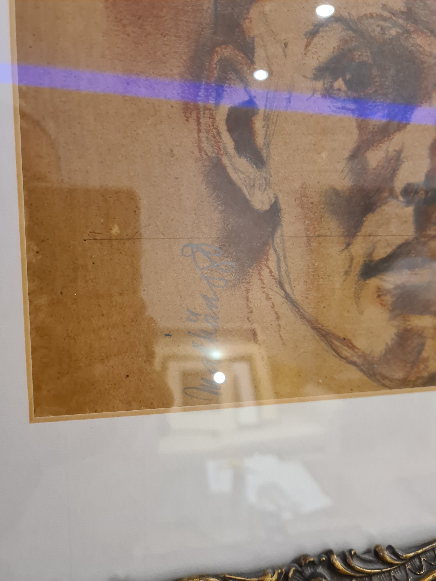 Original Zeichnung Radierung signiert Holzrahmen Porträt 72x62cm