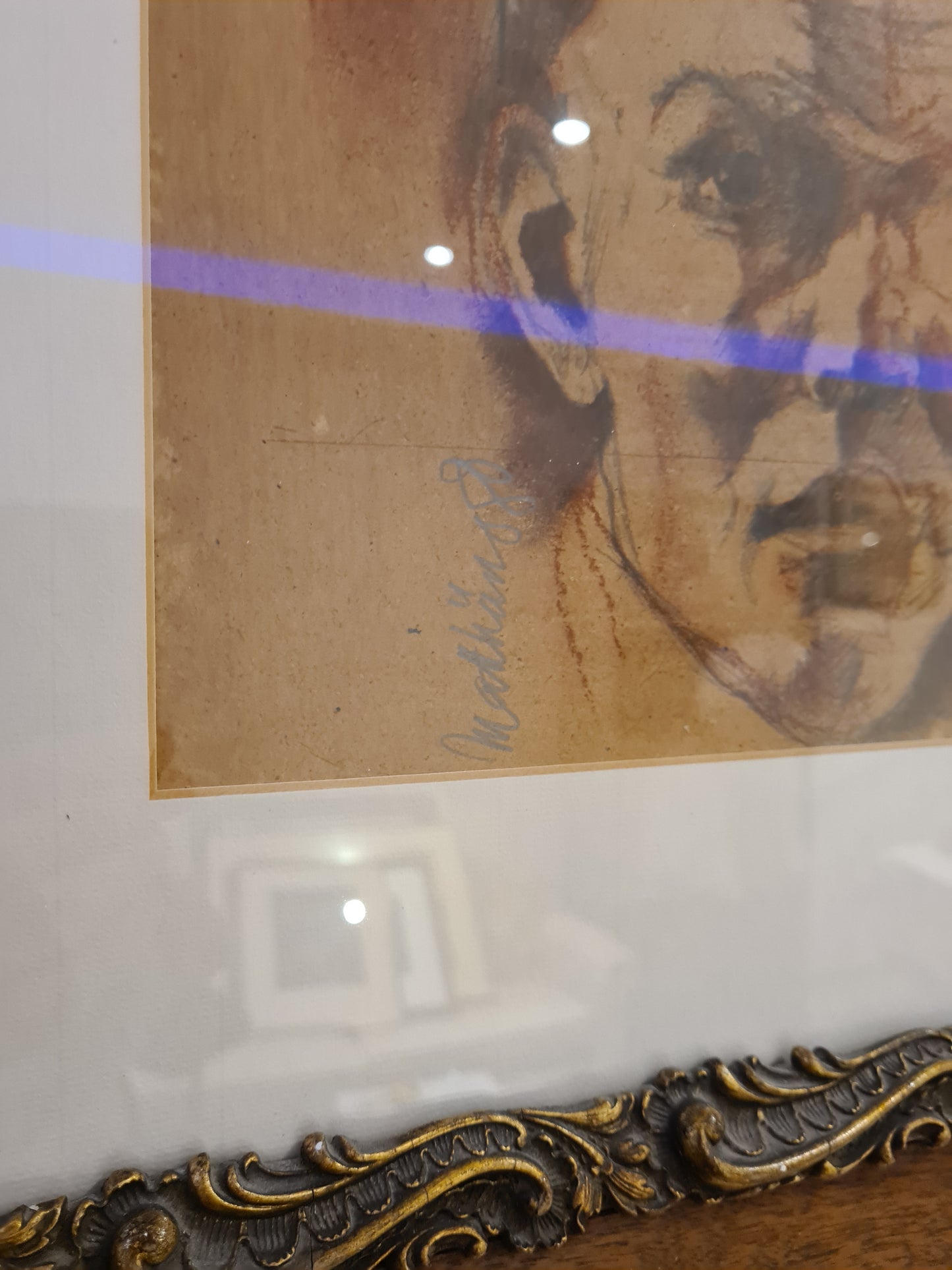 Original Zeichnung Radierung signiert Holzrahmen Porträt 72x62cm