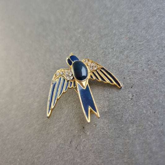Vogel-Brosche mit Emaille & Strass – Goldblauer Vintage-Charme