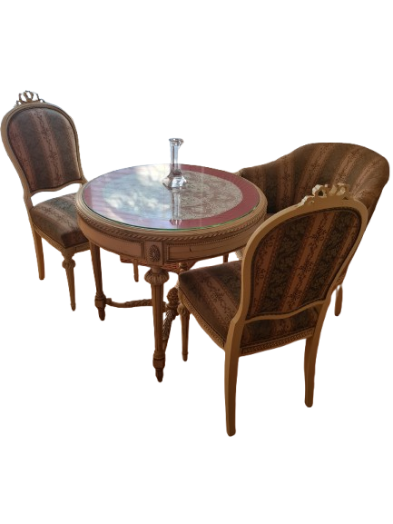 Salon-Ensemble im Louis-Seize-Stil Tisch mit Glasplatte 2 Stühle 1 Sessel