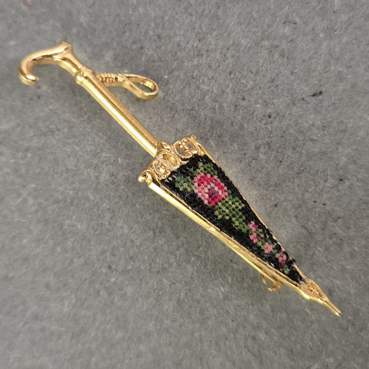 Vintage Brosche Regenschirm – Feine Handarbeit mit Blumenmuster