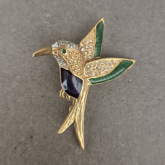 Glitzernde Kolibri-Brosche – Farbenfroher Vintage-Vogel in Goldoptik