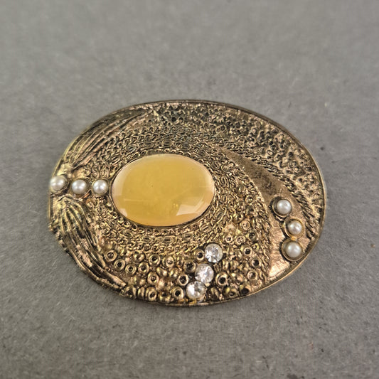 Ovalbrosche im Retro-Stil – Goldton mit Perlen und Gelbstein
