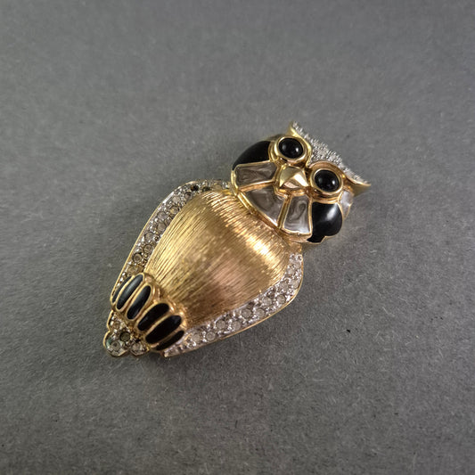 Glitzernde Eulenbrosche im Vintage-Stil – Goldfarbene Emaille & Strass