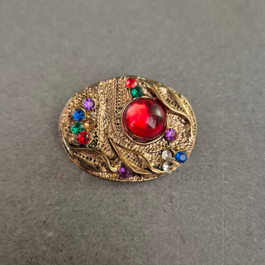 Bunte Vintage-Brosche im Barockstil – Glaskabochon & Strasssteine