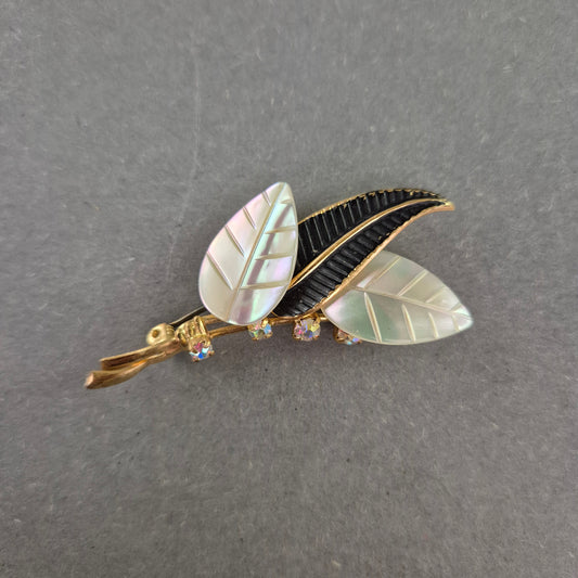 Elegante Vintage-Brosche mit Perlmuttblättern und Strass – Florales Design
