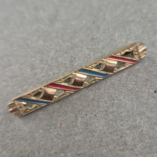 Schmale Vintage-Brosche mit Emaille – Trikolore-Muster in Rot & Blau