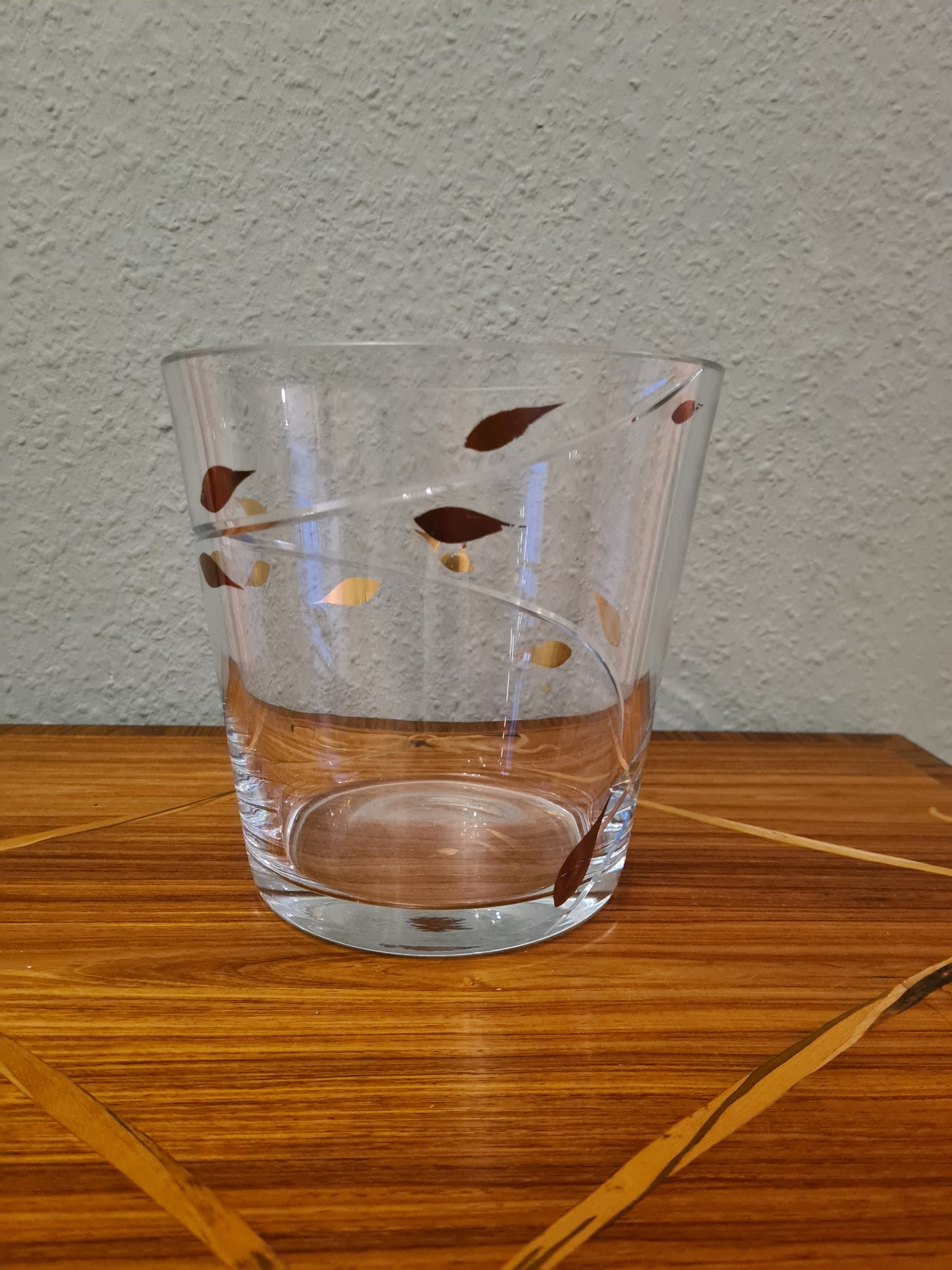 EISCH Künstler Glas Vase Schale Kübel Dekor goldene Blätter 18cm