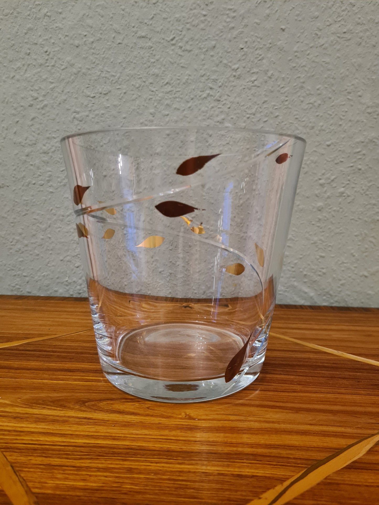 EISCH Künstler Glas Vase Schale Kübel Dekor goldene Blätter 18cm