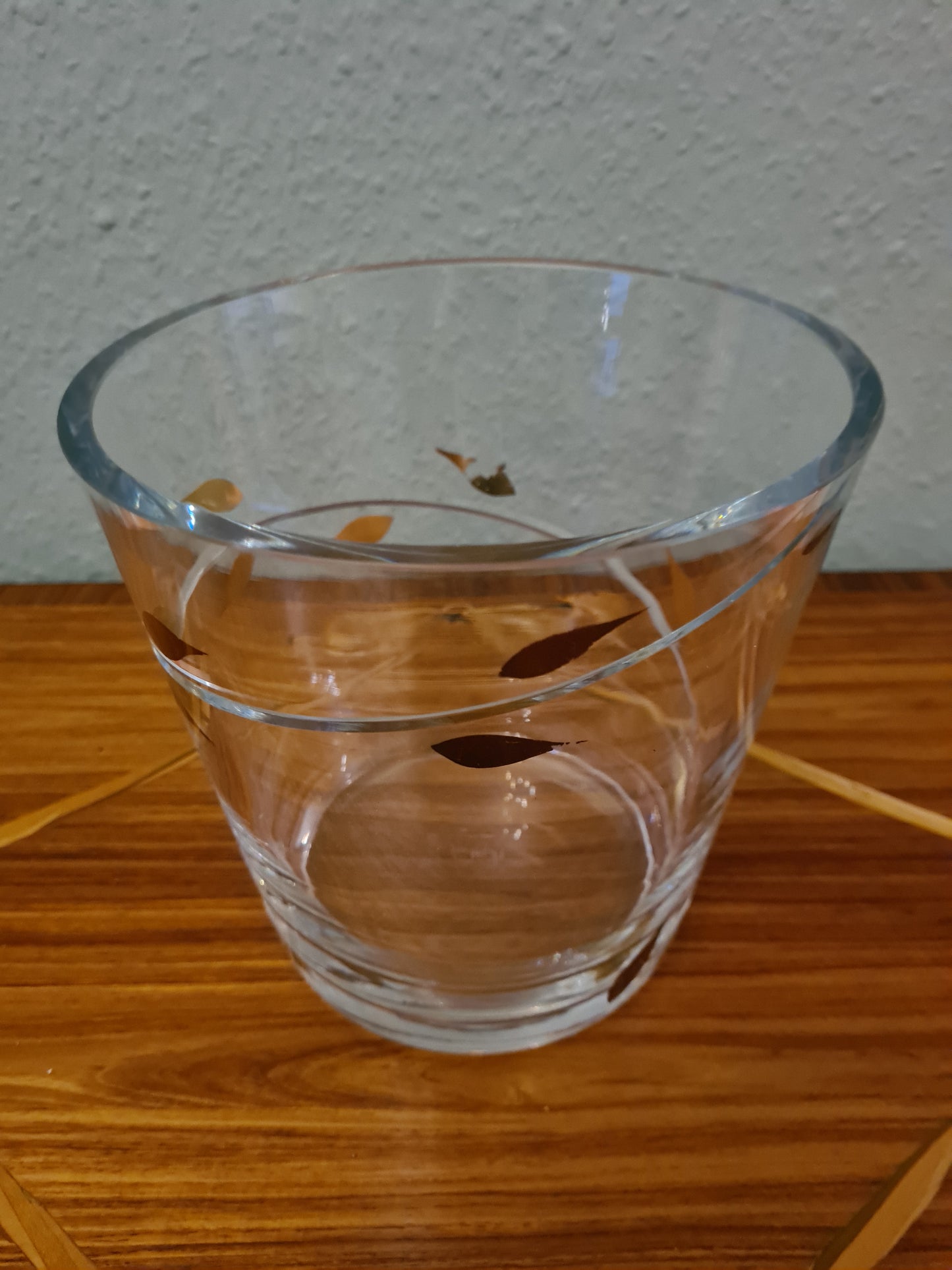 EISCH Künstler Glas Vase Schale Kübel Dekor goldene Blätter 18cm