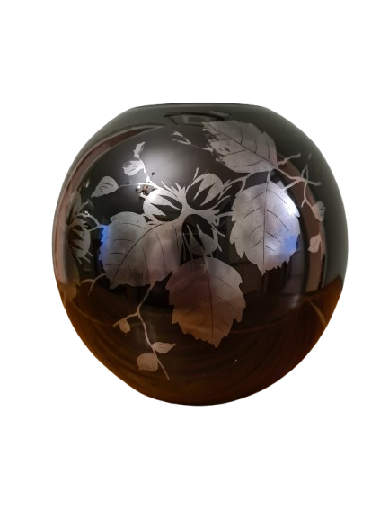 Schwarze Glasvase mit mattierter Blattgravur 18cm