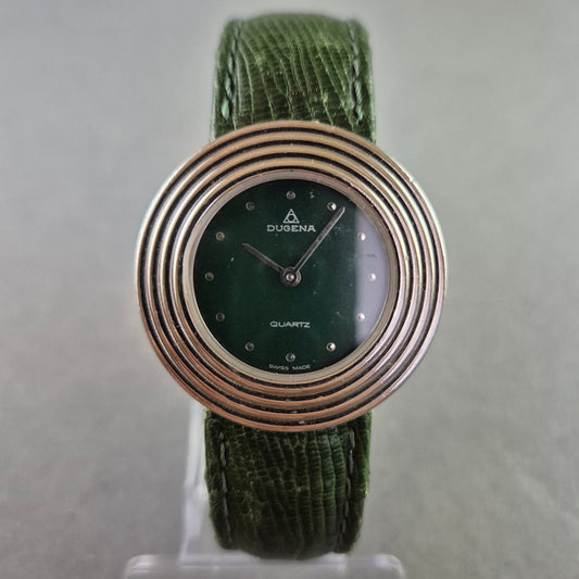 Elegante Dugena Damenarmbanduhr – Grünes Retro-Design mit Lederband