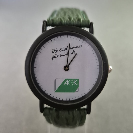 Seltene AOK Quarz Uhr – Werbeuhr mit grünem Lederarmband