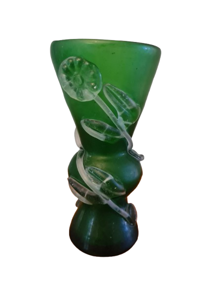 Antike Sammlervase  Grünes Glas mit Applikationen 17x8cm
