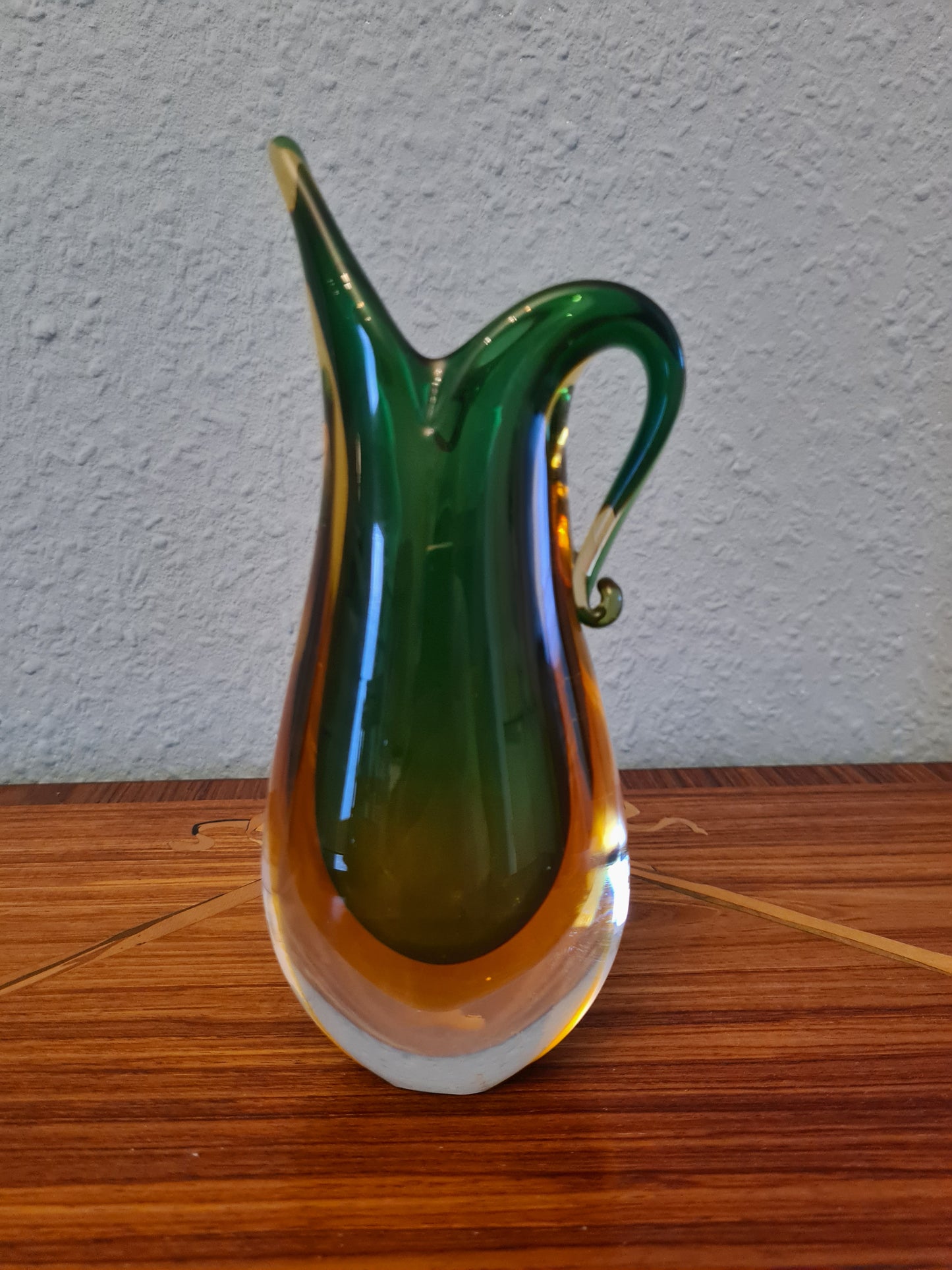 Murano Glas Zipfelvase Grün Künstler Glas Mid Century Vase 18x8cm