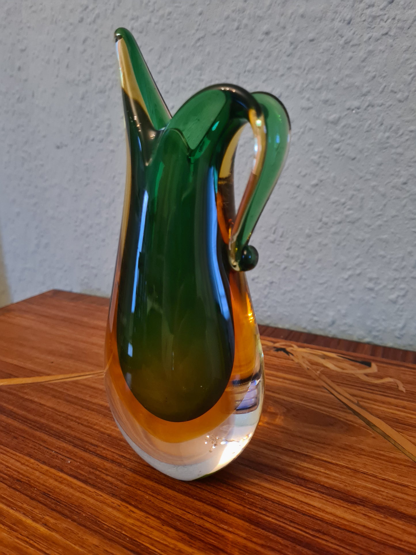 Murano Glas Zipfelvase Grün Künstler Glas Mid Century Vase 18x8cm