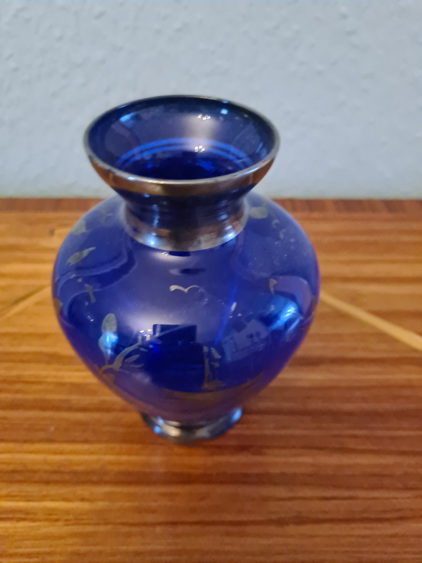 Glas Vase mit Silber Malerei Handarbeit Florenz Italy 14x8cm