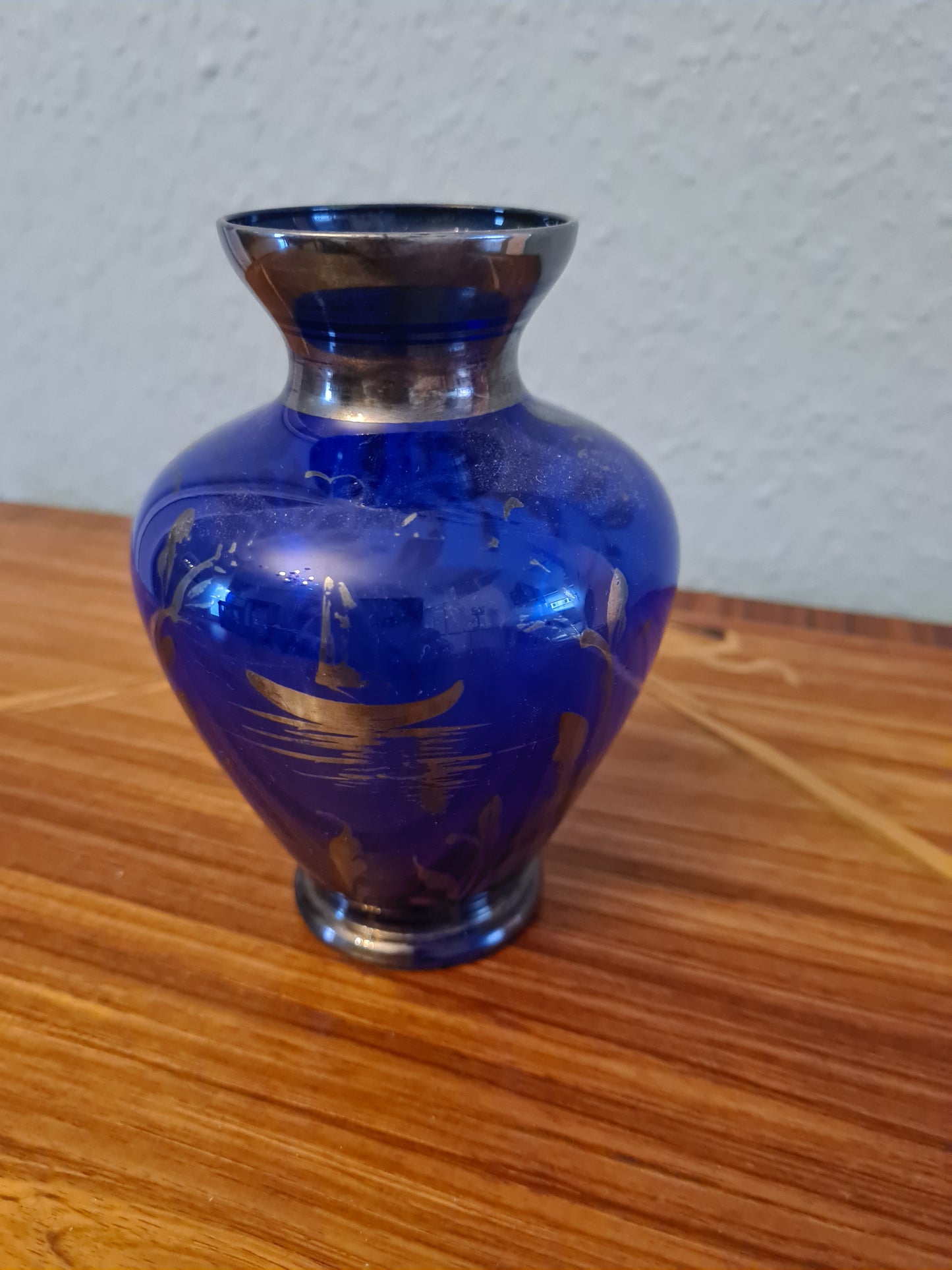 Glas Vase mit Silber Malerei Handarbeit Florenz Italy 14x8cm