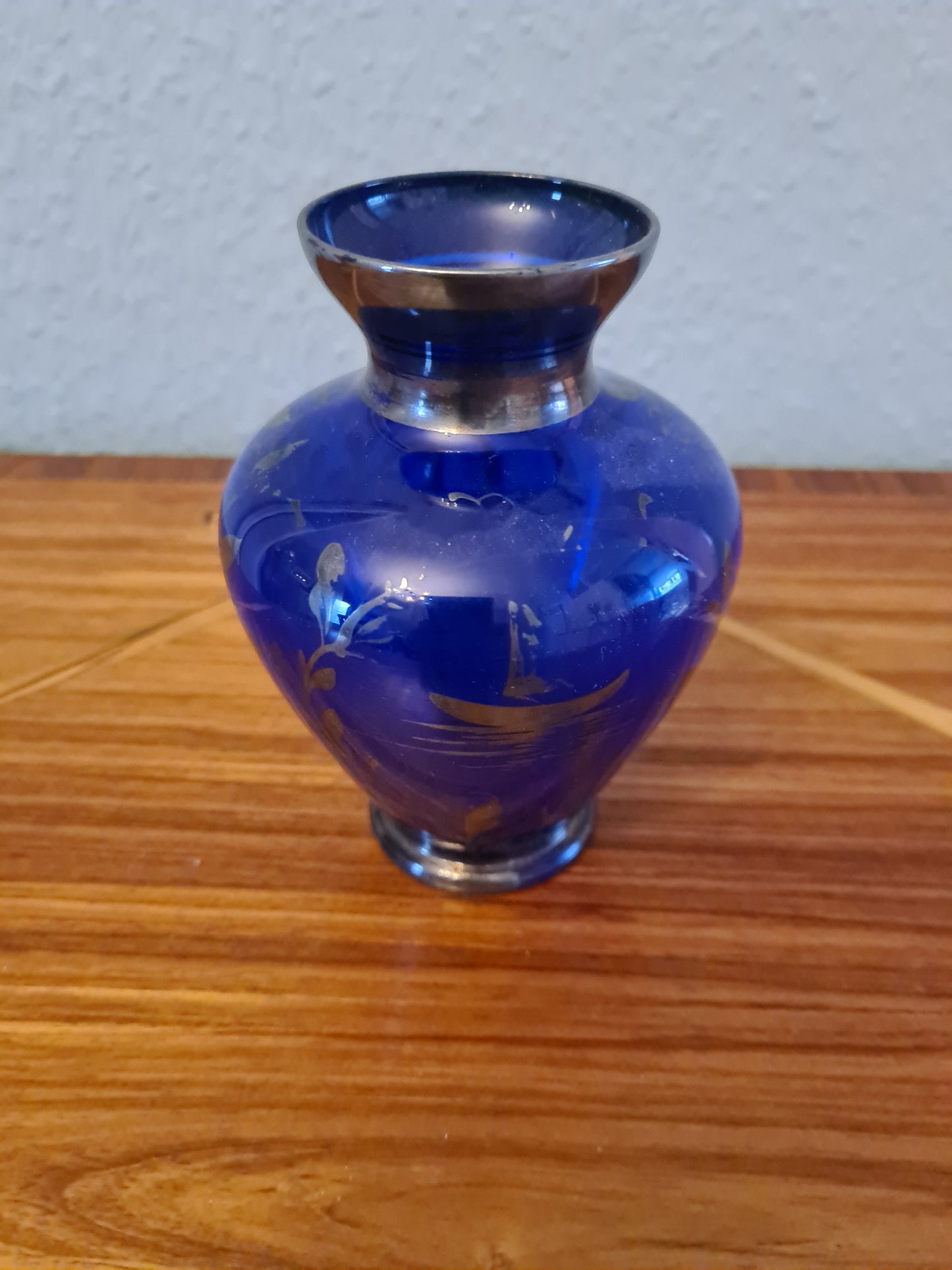 Glas Vase mit Silber Malerei Handarbeit Florenz Italy 14x8cm