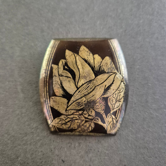 Vintage Brosche mit floraler Gravur – Retro-Charme in Rauchglas-Optik