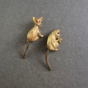 Vintage-Tierbroschen im Set – Affe & Katze mit beweglichem Schwanz