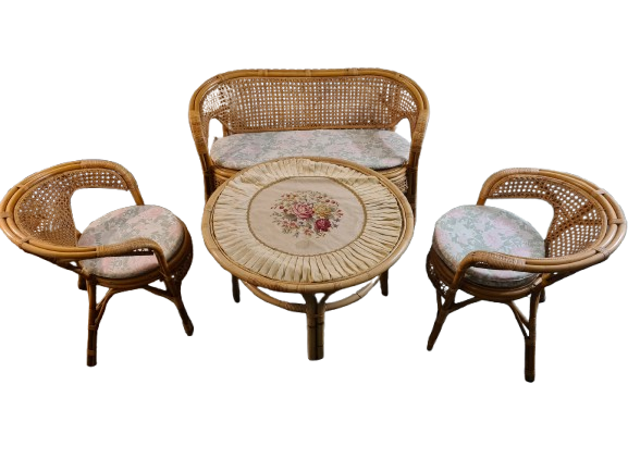 Mid-Century Vintage Sitzgruppe aus Rattan Bank 2 Sessel Tisch