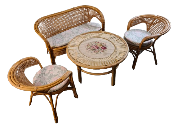 Mid-Century Vintage Sitzgruppe aus Rattan Bank 2 Sessel Tisch