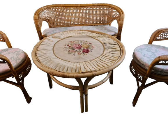 Mid-Century Vintage Sitzgruppe aus Rattan Bank 2 Sessel Tisch