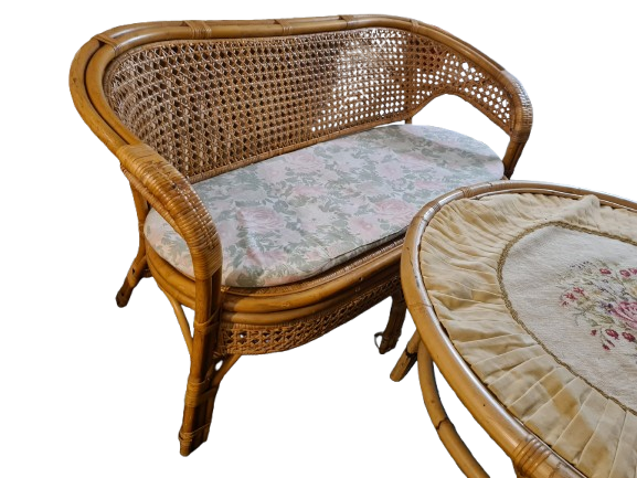 Mid-Century Vintage Sitzgruppe aus Rattan Bank 2 Sessel Tisch