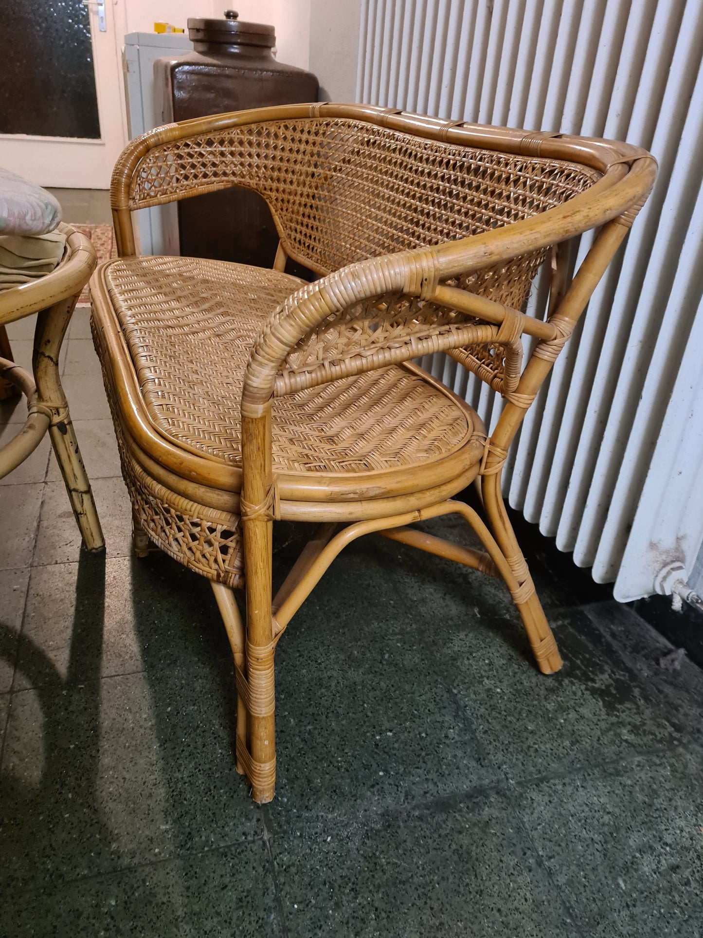 Mid-Century Vintage Sitzgruppe aus Rattan Bank 2 Sessel Tisch