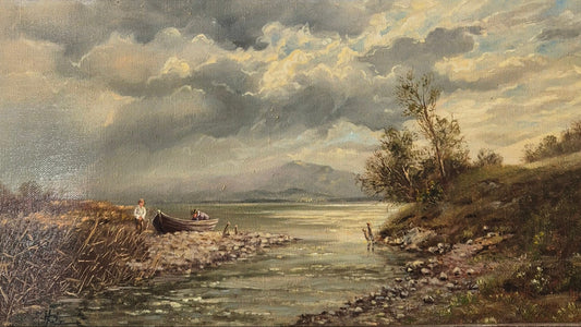 Europäische Schule (XX) Ölgemälde Handsigniert Landschaft mit See