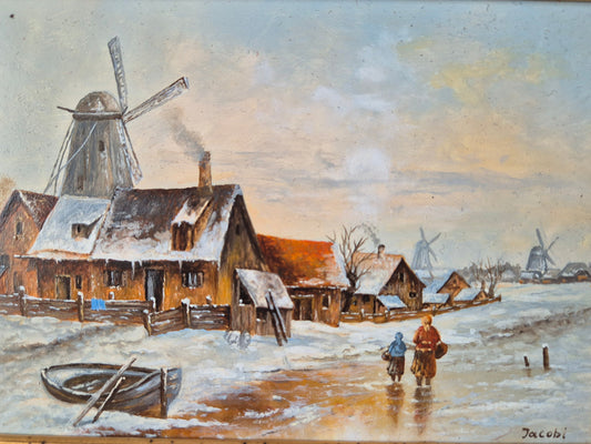 Jacobi (XX) Ölgemälde Holländische Winterlandschaft mit Mühle