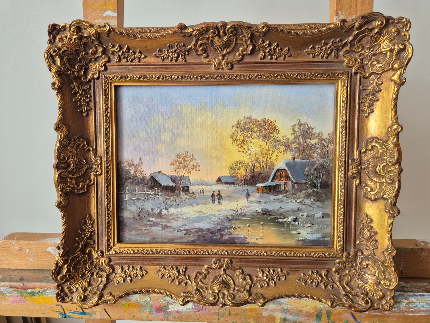 Ernst Gruber (geb. 1935) Ölgemälde Winterliche Dorfszene im Abendrot