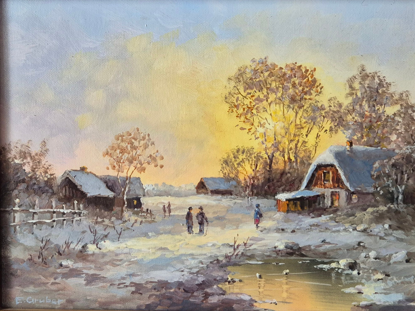Ernst Gruber (geb. 1935) Ölgemälde Winterliche Dorfszene im Abendrot