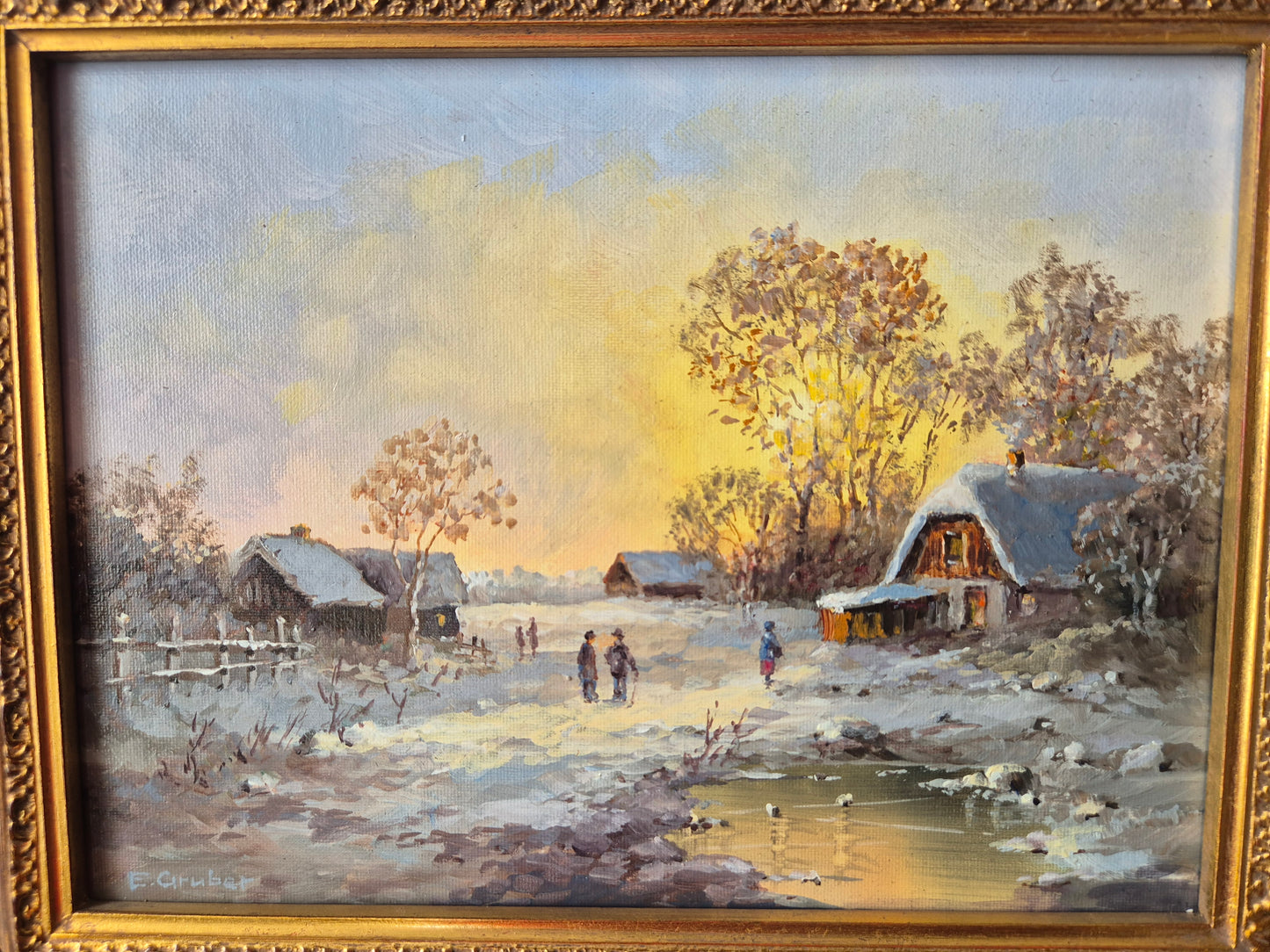 Ernst Gruber (geb. 1935) Ölgemälde Winterliche Dorfszene im Abendrot
