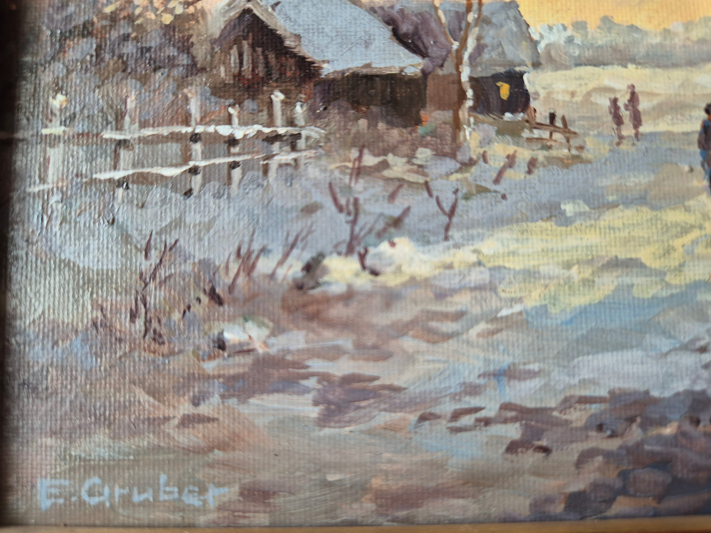 Ernst Gruber (geb. 1935) Ölgemälde Winterliche Dorfszene im Abendrot