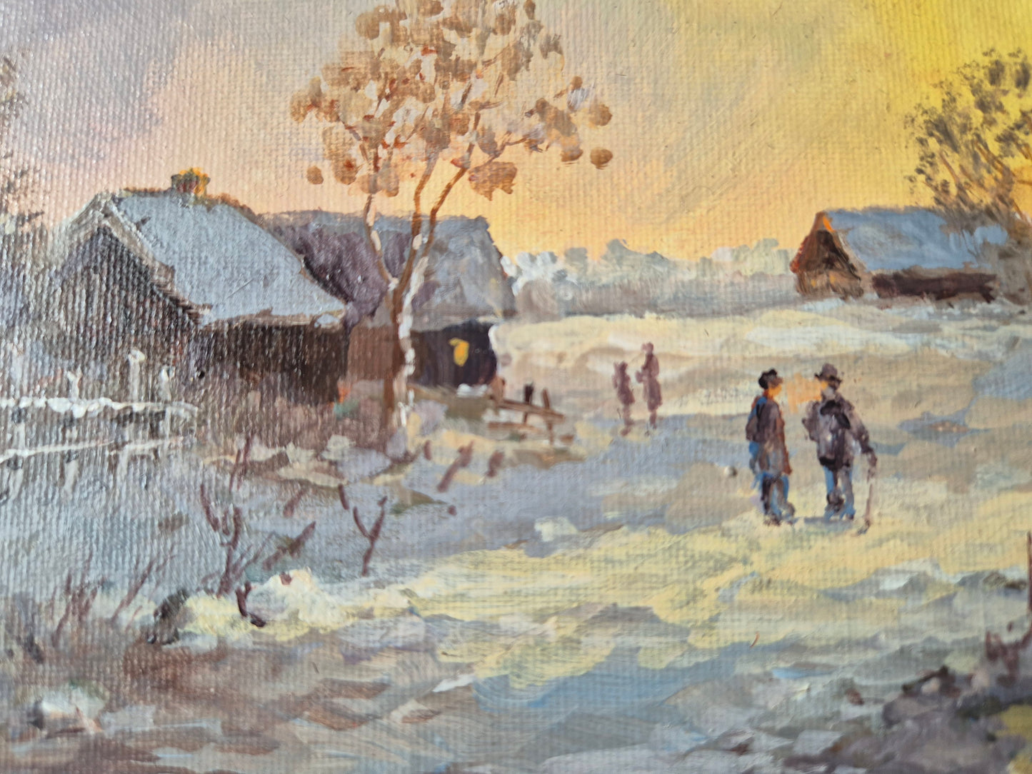 Ernst Gruber (geb. 1935) Ölgemälde Winterliche Dorfszene im Abendrot