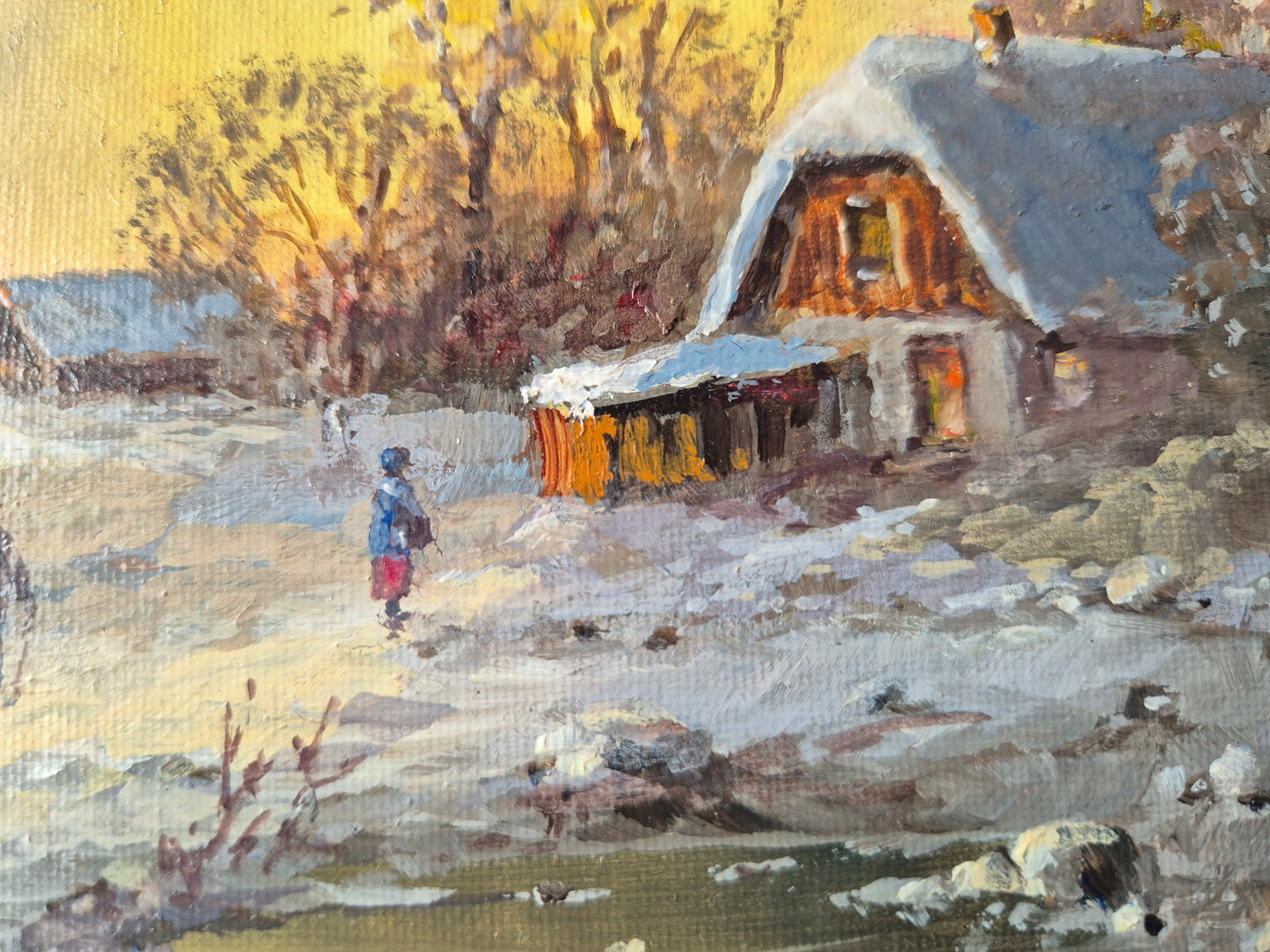 Ernst Gruber (geb. 1935) Ölgemälde Winterliche Dorfszene im Abendrot